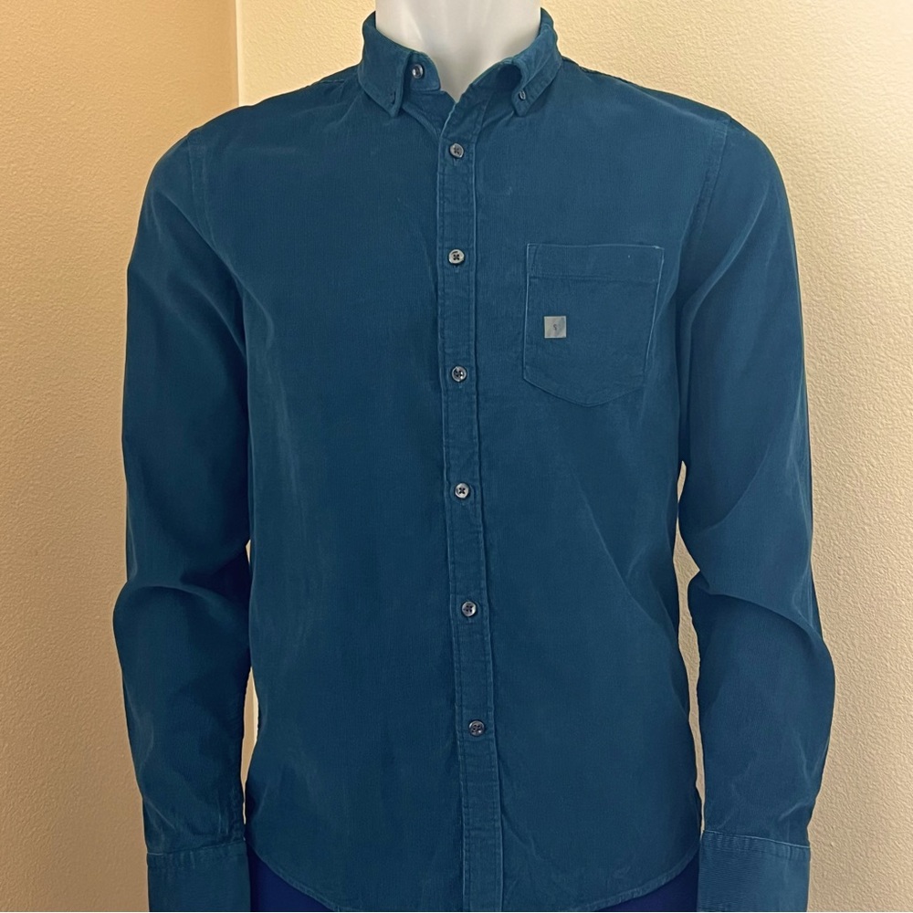 Express Mens Blue/Green Classic Fit Corduroy Long Sleeve Button Pocket Shirt